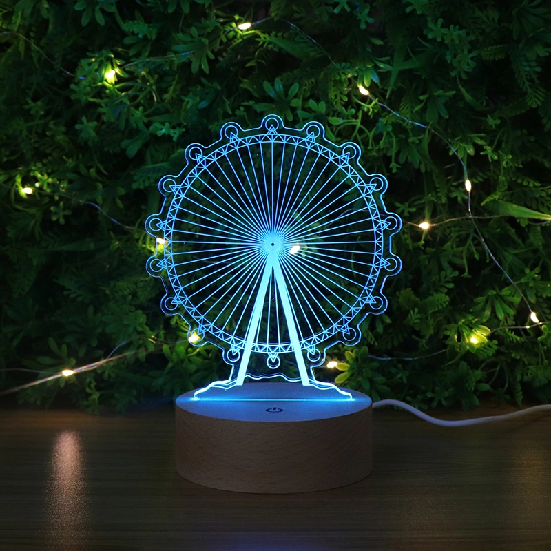 Custom 3D Illusion Table Desk Lamp RGB 7 Color Acrylic Night Light LED Wood Base Decorative Lighting with Battery Box