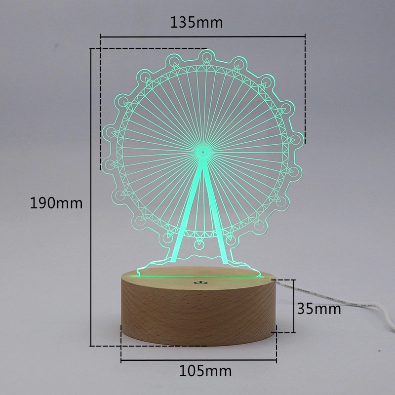 Custom 3D Illusion Table Desk Lamp RGB 7 Color Acrylic Night Light LED Wood Base Decorative Lighting with Battery Box