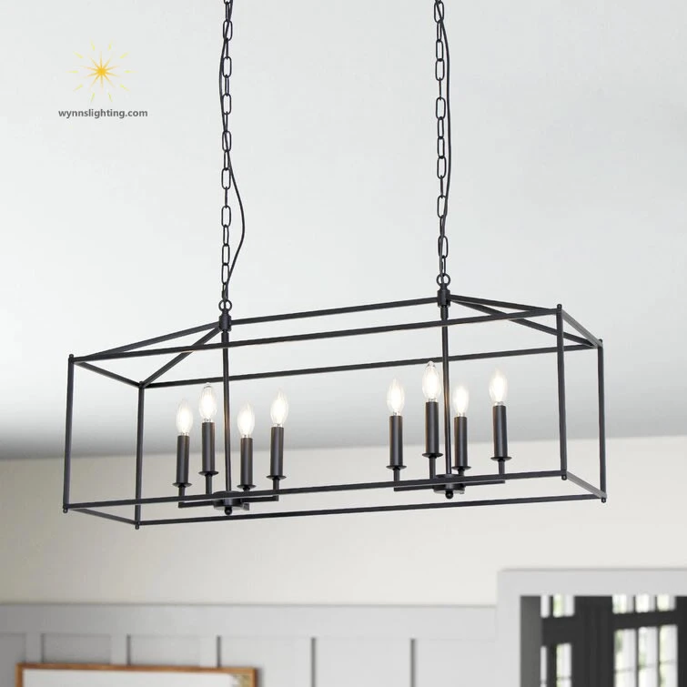 8 Lights Matt Black Chandelier Candle Style Rectangle Metal Lamp Suspension Lighting Indoor Home and Villa Decorative Pendant Lighting